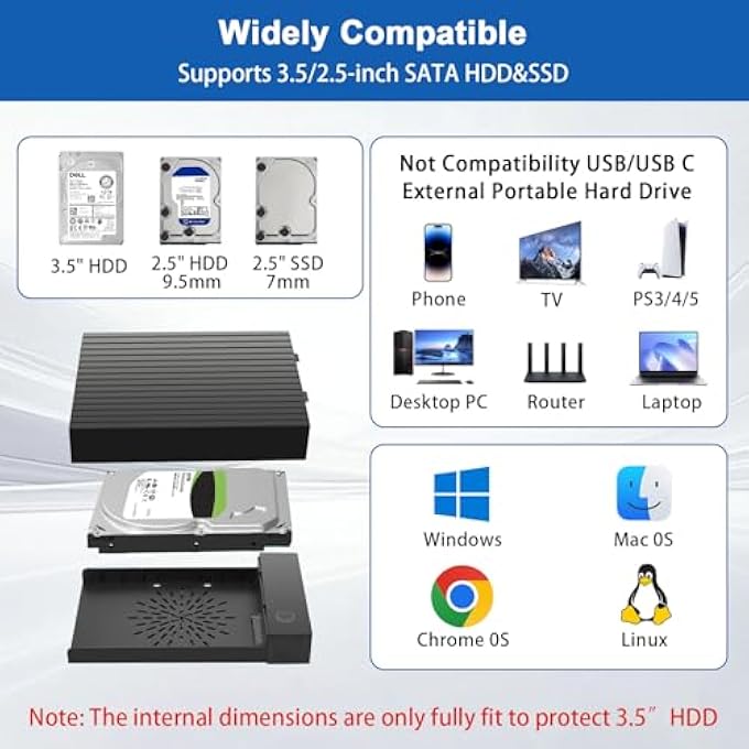 rayihni حافظة قرص صلب 3.5، محطة إرساء USB C/USB 3.0 SATA HDD لـ 2.5 و 3.5 بوصة SATA HDD/SSD، علبة قرص صلب بسرعة 6GBPS مع محول طاقة 12V/2A، UASP - Image 3