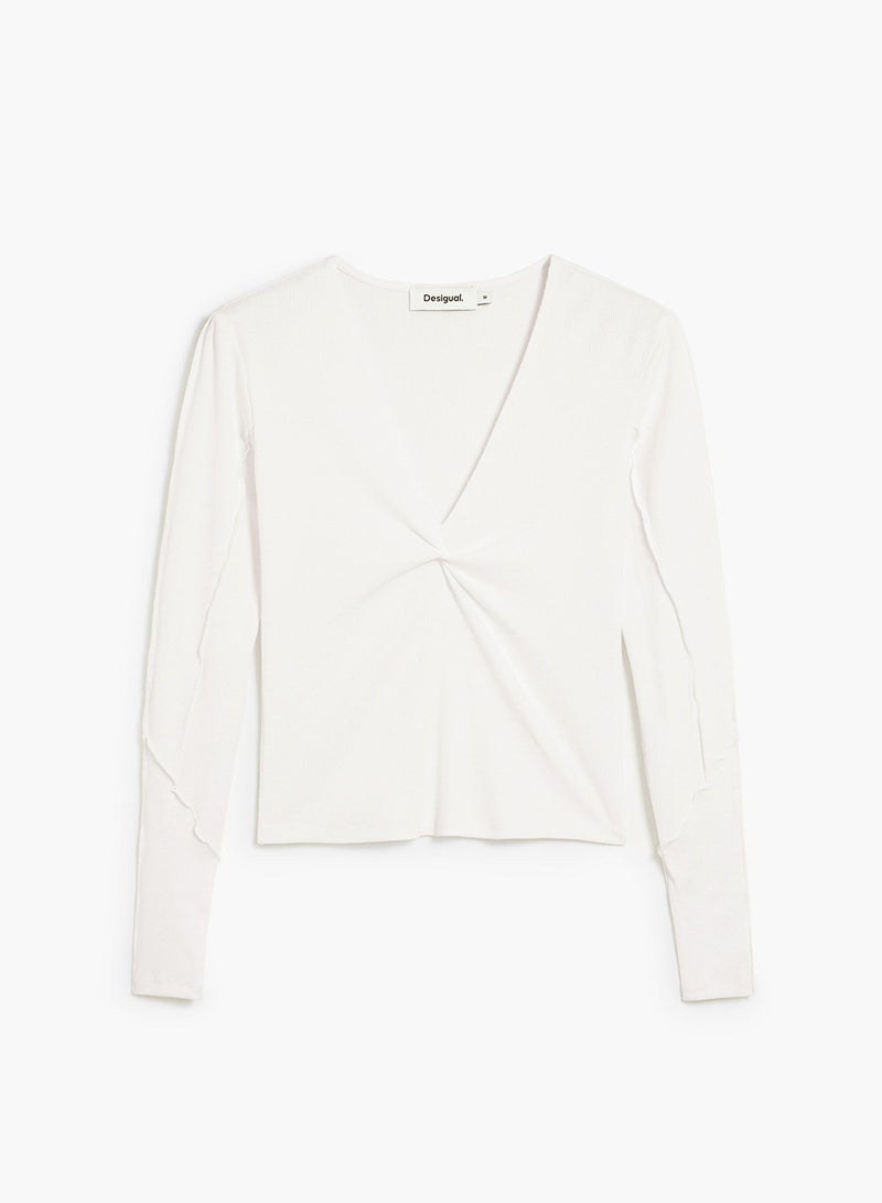 DESIGUAL Long-Sleeved T-Shirt In Slightly Elastic Rib Knit With V-Neckline Knotted-Effect Detail - Image 5