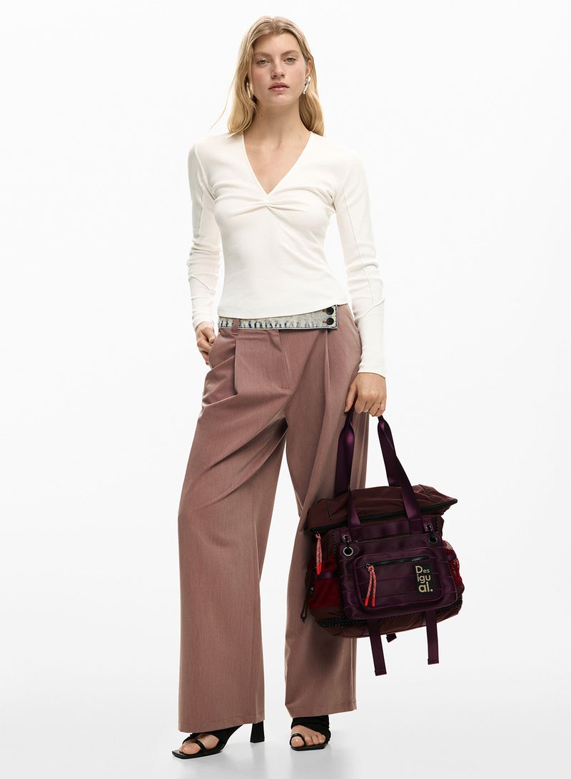 DESIGUAL Long-Sleeved T-Shirt In Slightly Elastic Rib Knit With V-Neckline Knotted-Effect Detail - Image 2
