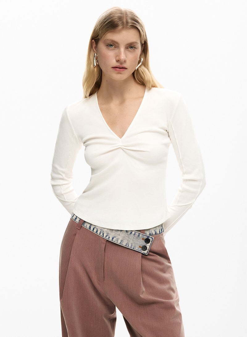 DESIGUAL Long-Sleeved T-Shirt In Slightly Elastic Rib Knit With V-Neckline Knotted-Effect Detail - Image 1