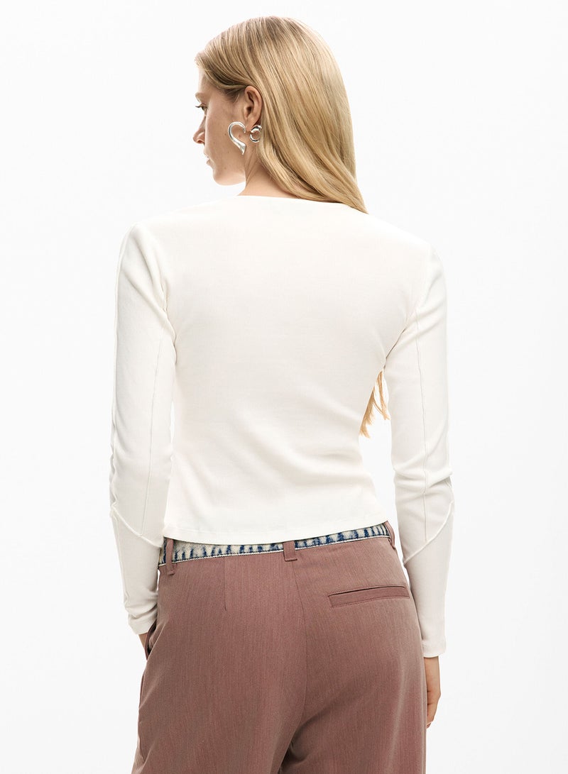 DESIGUAL Long-Sleeved T-Shirt In Slightly Elastic Rib Knit With V-Neckline Knotted-Effect Detail - Image 4