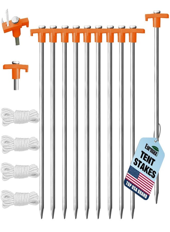 Eurmax USA Galvanized Non-Rust Camping Family Tent Pop Up Tent Stakes Canopy Anchors Heavy Duty 10pc-Pack, with 4x10ft Ropes & 1 Orange Stopper - Image 1