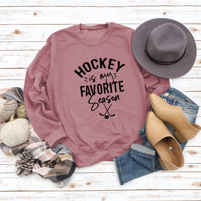 Hockey Season Casual Crewneck Sweatshirt Rose gold sweater (black font)