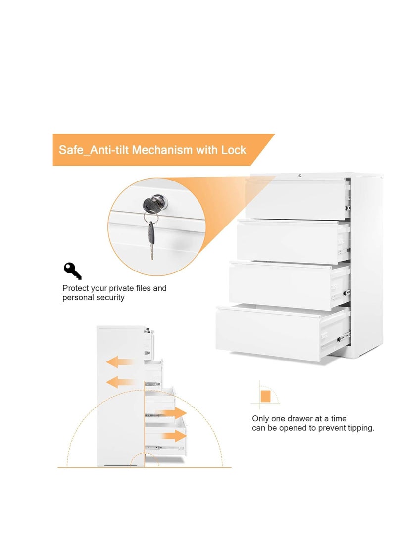 Protector Lateral File Cabinet 4 Drawer, White Filing Cabinet with Lock, Lockable File Cabinet for Home Office, Locking Metal File Cabinet for Legal/Letter/A4/F4 Size with Hanging Bars&Key (Fully assembled)  - Image 3