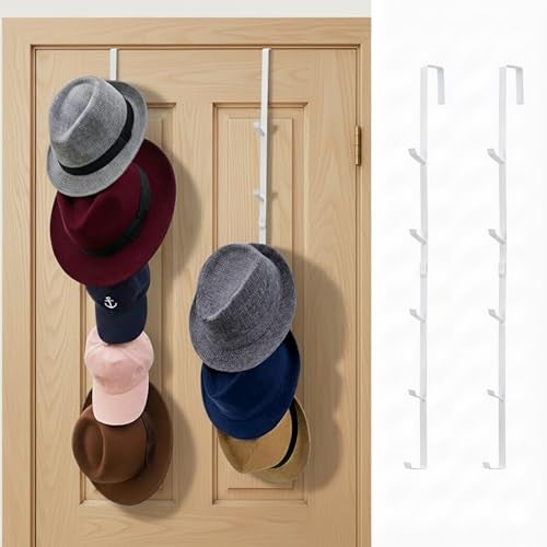 MyGift 2 Pcs Over The Door Hat Organizer Door Hanger Hat Rack Display Storage 5 Hooks Heavy Duty for Coat Scarf Purse White Metal - Image 1