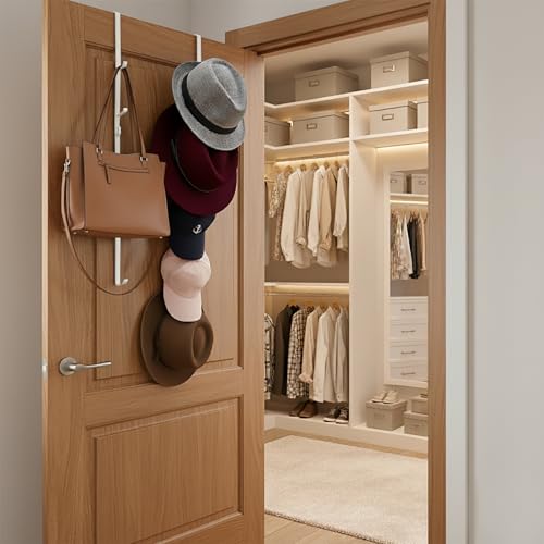 MyGift 2 Pcs Over The Door Hat Organizer Door Hanger Hat Rack Display Storage 5 Hooks Heavy Duty for Coat Scarf Purse White Metal - Image 3