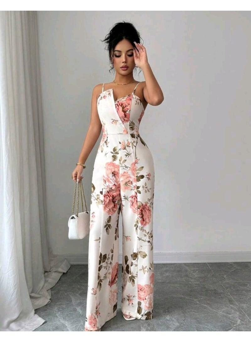 Shein Women's White And Pink Elegant Digital Floral Print Camisole Wide Leg Jumpsuit FROM SHEIN - Image 1