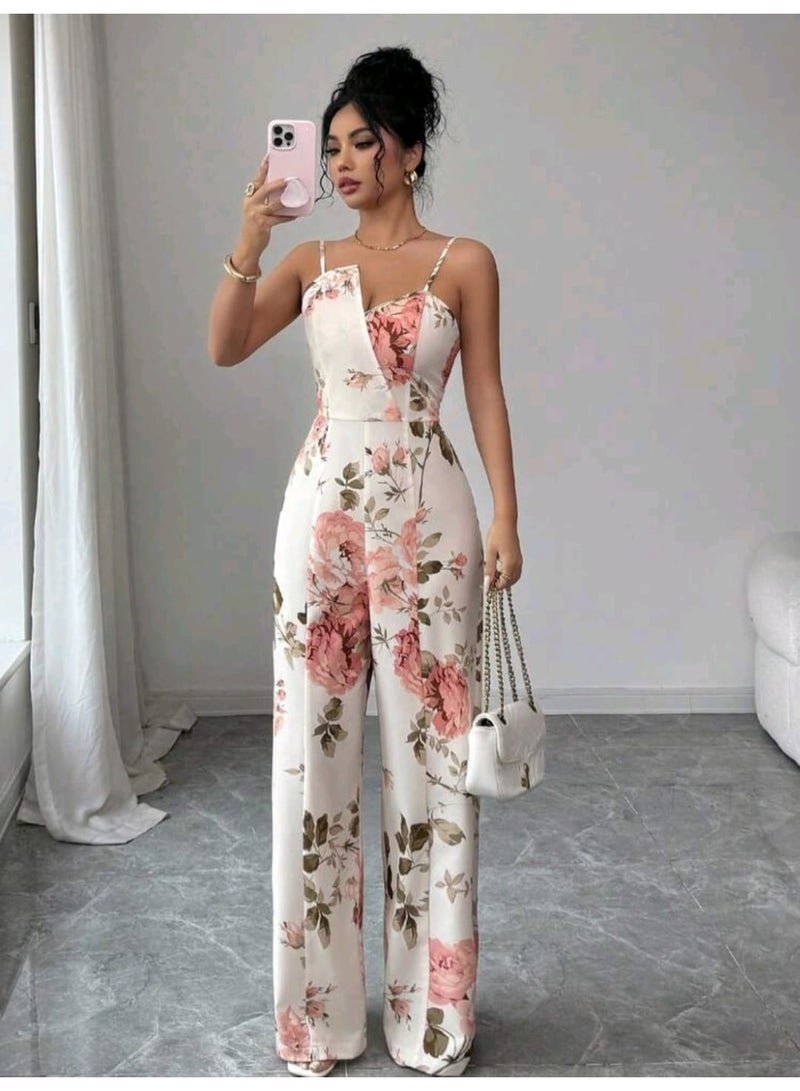 Shein Women's White And Pink Elegant Digital Floral Print Camisole Wide Leg Jumpsuit FROM SHEIN - Image 5