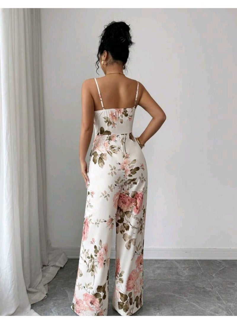 Shein Women's White And Pink Elegant Digital Floral Print Camisole Wide Leg Jumpsuit FROM SHEIN - Image 4