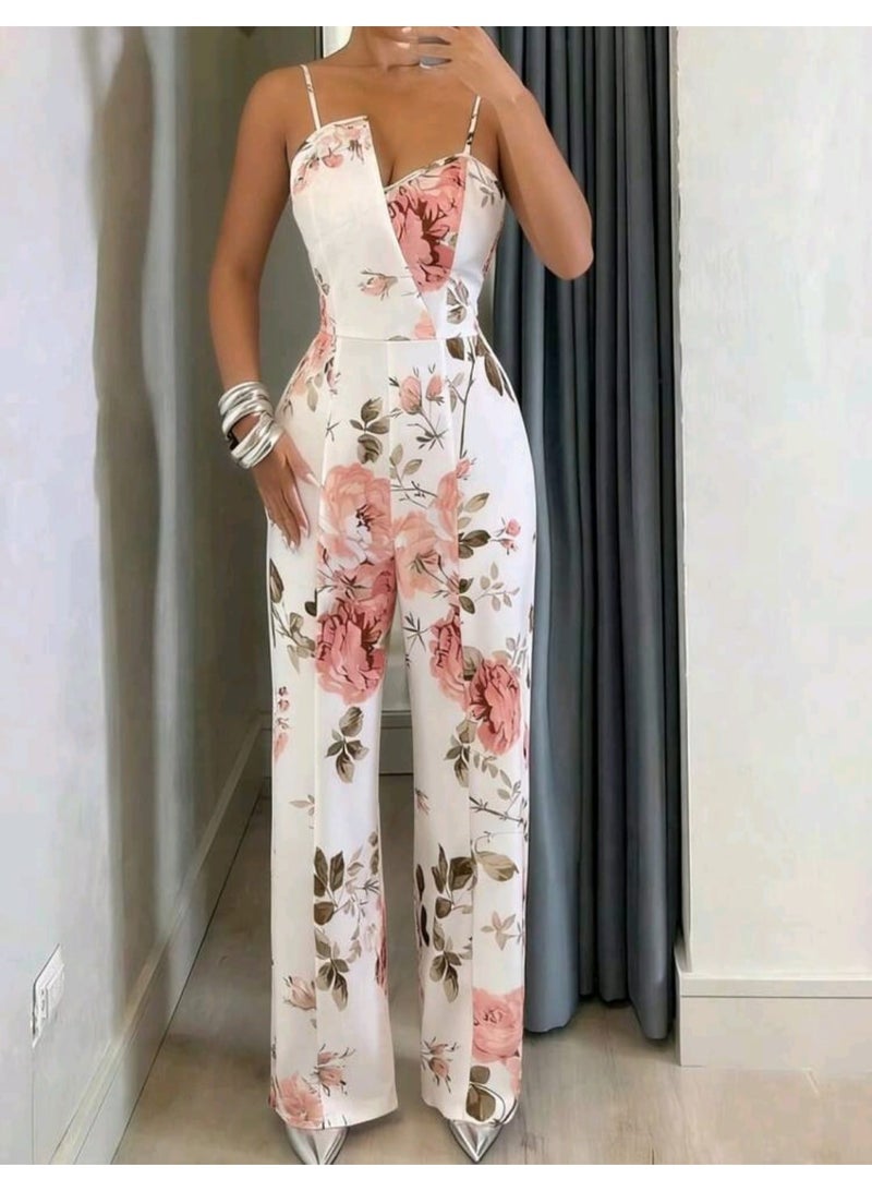 Shein Women's White And Pink Elegant Digital Floral Print Camisole Wide Leg Jumpsuit FROM SHEIN - Image 3