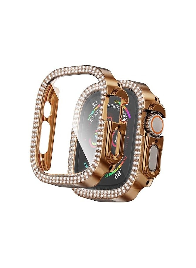 حافظة واقية متوافقة مع ساعة Apple Watch Series 7 مقاس 49 مم، غطاء مزدوج الصف من الكريستال اللامع والألماس، غطاء واقٍ مطلي بالبولي كربونات مع إطار ممتص للصدمات (ذهبي وردي، 49 مم) - Image 1