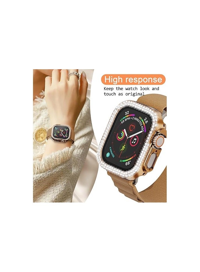 حافظة واقية متوافقة مع ساعة Apple Watch Series 7 مقاس 49 مم، غطاء مزدوج الصف من الكريستال اللامع والألماس، غطاء واقٍ مطلي بالبولي كربونات مع إطار ممتص للصدمات (ذهبي وردي، 49 مم) - Image 2