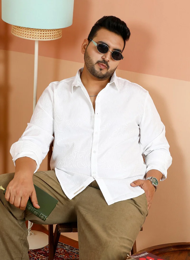 Instafab Plus  Instafab Plus Men's Chalk White Solid Abstract-Tactile Shirt For Casual Wear | Spread Collar | Long Cuffed Sleeves | Button Closure | Plus Size Shirt Crafted With Comfort Fit For Everyday Wear for Men | Best Price UAE