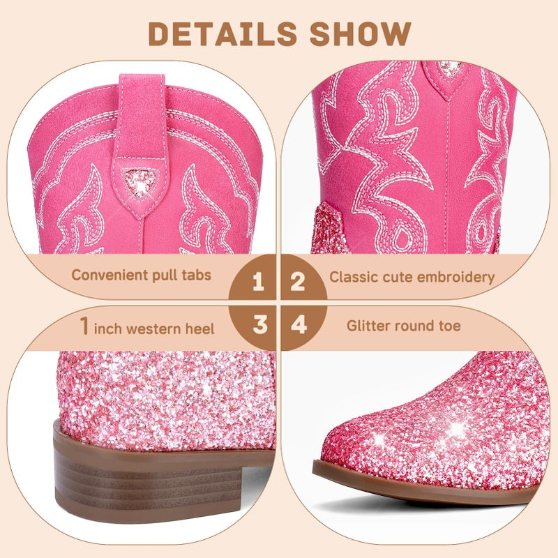 Choiran Toddler Girls Cowboy Boots - Cowgirl Western Boot for Kids Sparkle Glitter Mid Calf Riding Shoes Little/Big Kid - Image 5