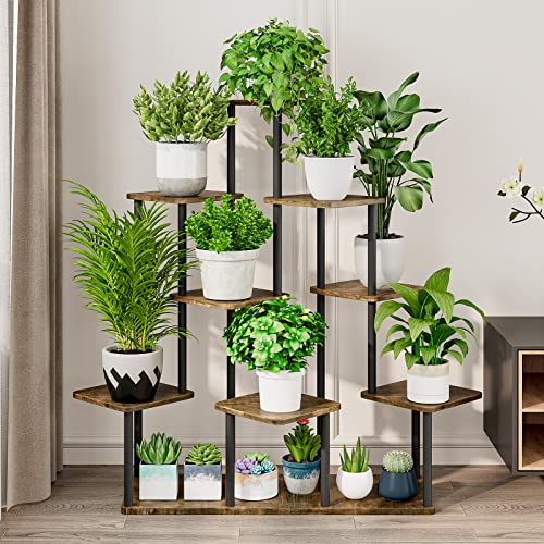 AZERPIAN Plant Stand 9 Tier Indoor Metal Flower Shelf for Multiple Plants Corner Tall Flower Holders for Patio Garden Living Room Balcony Bedroom, Black+Rustic Brown - Image 3