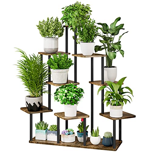 AZERPIAN Plant Stand 9 Tier Indoor Metal Flower Shelf for Multiple Plants Corner Tall Flower Holders for Patio Garden Living Room Balcony Bedroom, Black+Rustic Brown - Image 1