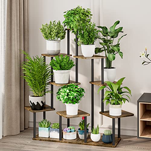 AZERPIAN Plant Stand 9 Tier Indoor Metal Flower Shelf for Multiple Plants Corner Tall Flower Holders for Patio Garden Living Room Balcony Bedroom, Black+Rustic Brown - Image 2