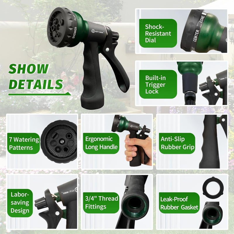 AUTOMAN Garden Hose Nozzle, Water Sprayer Nozzle with 7 Adjustable Watering Patterns,Slip Resistant Nozzle for Plants,Lawn,Washing Cars,Window Cleaning,Showering Pets & Outdoor Fun. - Image 3