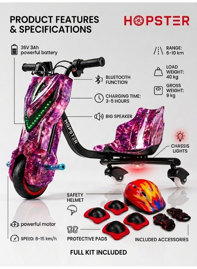 Hopster Kid's Advanced Electric Drift Scooter for Kids with 180W Motor, Medium 6.5 inch wheel, Comfortable Racing Seat, Rear Drift Wheel System, Long-Lasting Rechargeable Battery, Purple - Image 2