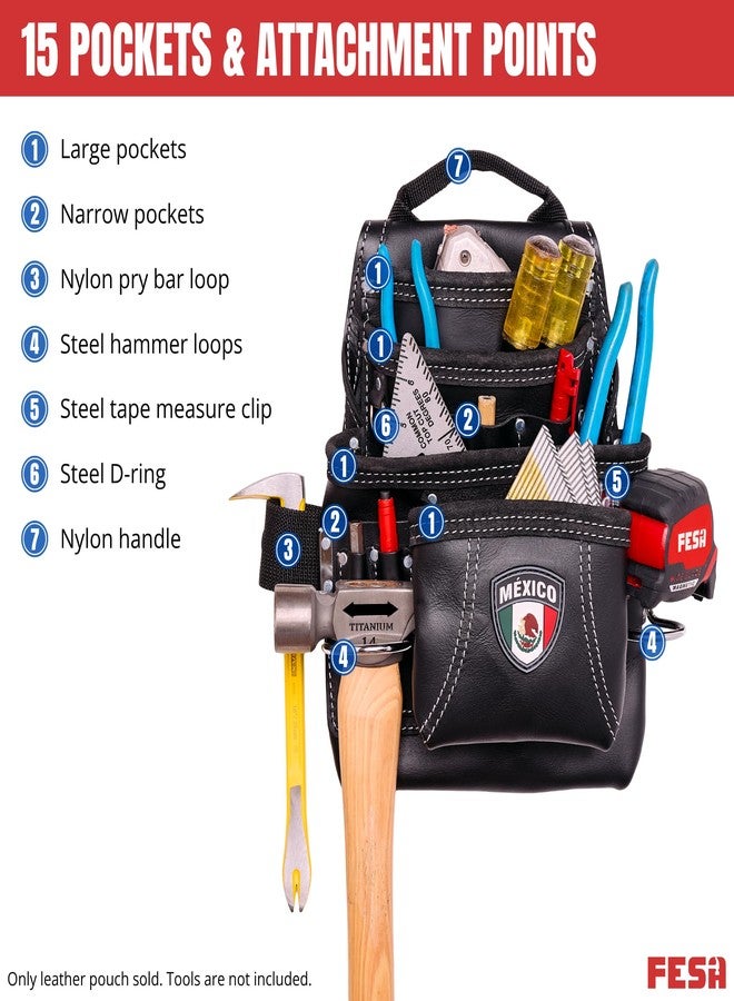 FESA Leather Carpenter Tool Pouch - 10-Pocket Heavy Top Grain Leather Carpenter Pouch with 2 Hammer Loops, Large & Small Pockets - Fits Work Belts up to 3" - Handcrafted (Black, Mexico) - Image 3