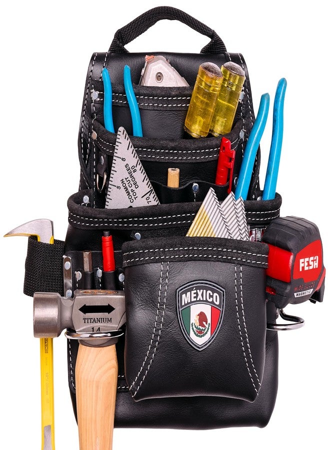 FESA Leather Carpenter Tool Pouch - 10-Pocket Heavy Top Grain Leather Carpenter Pouch with 2 Hammer Loops, Large & Small Pockets - Fits Work Belts up to 3" - Handcrafted (Black, Mexico) - Image 1