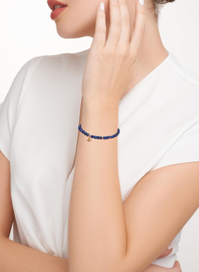 مورجان آند بايدج أساور مورغان آند بيج البرونزية المطلية بالذهب الأصفر عيار 18 قيراطًا والمرصعة بحجر اللازورد الأصلي، أساور عصرية وأنيقة مزينة بخرز ذهبي رقيق، خرز من الأحجار الكريمة 4 مم، خفيفة الوزن وقابلة للتعديل بطول 6.5 بوصة - Image 2