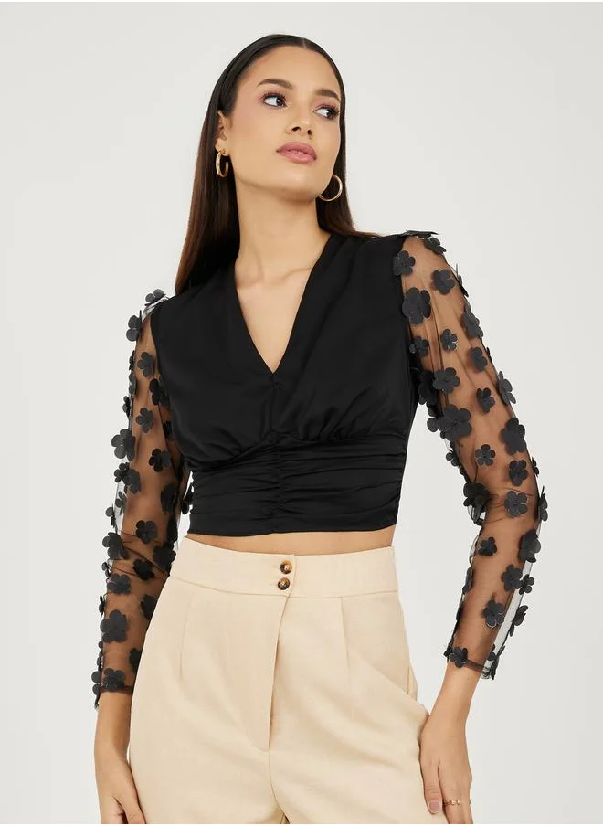 Styli Floral Applique Sheer Sleeves Gathered Detail Crop Top