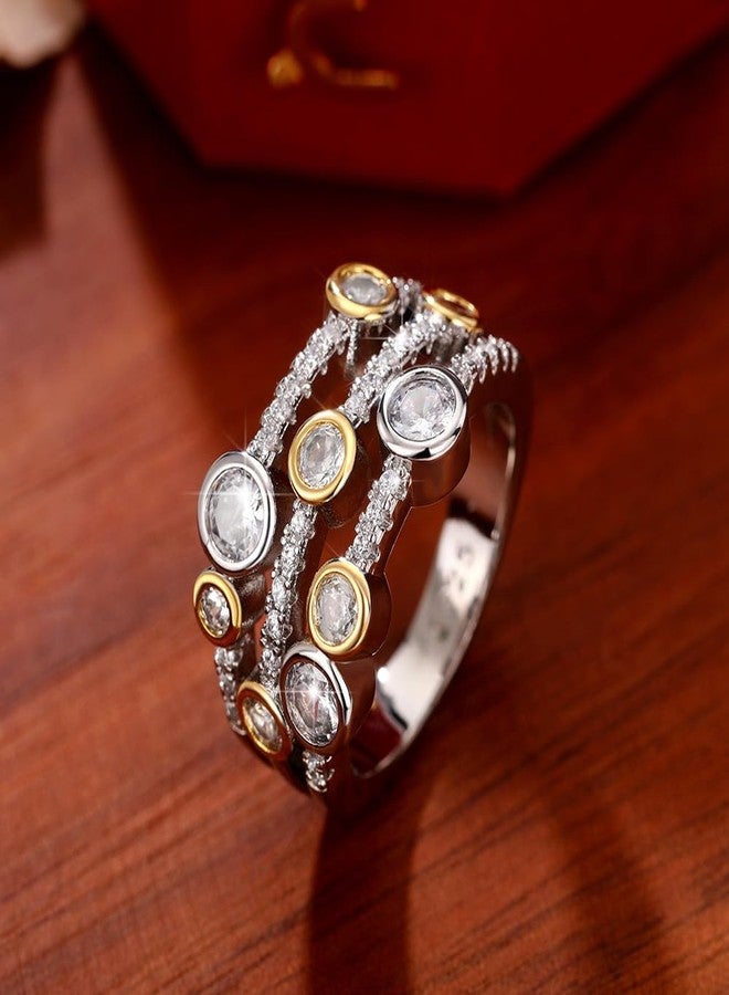 EUJHRTM 925 sterling silver two tone zircon ring with fashionable lines and multi-color hollow geometric lines, round dots and diamond ring, women's color separation ring Size 7 - Image 4