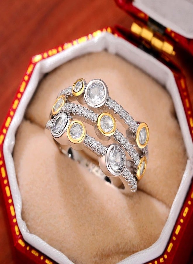 EUJHRTM 925 sterling silver two tone zircon ring with fashionable lines and multi-color hollow geometric lines, round dots and diamond ring, women's color separation ring Size 7 - Image 3