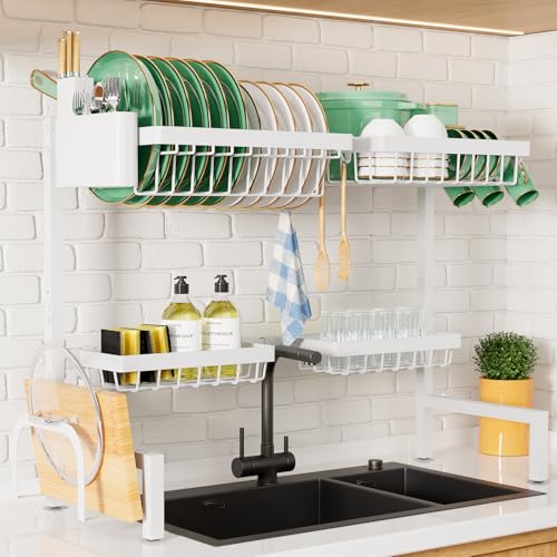 Kitsure Over The Sink Dish Drying Rack - 30.0" to 33.9"x21.5", Adjustable Sink Drying Rack for Kitchen Sink with Multifunctional Baskets, White - Image 1