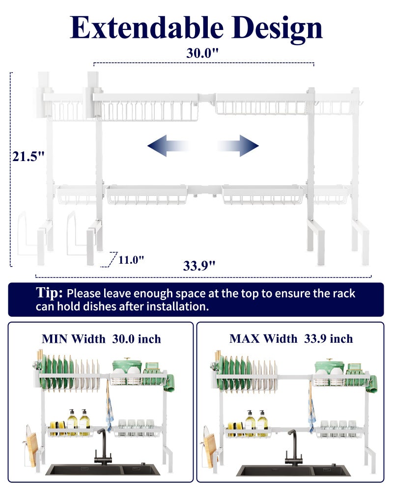 Kitsure Over The Sink Dish Drying Rack - 30.0" to 33.9"x21.5", Adjustable Sink Drying Rack for Kitchen Sink with Multifunctional Baskets, White - Image 2