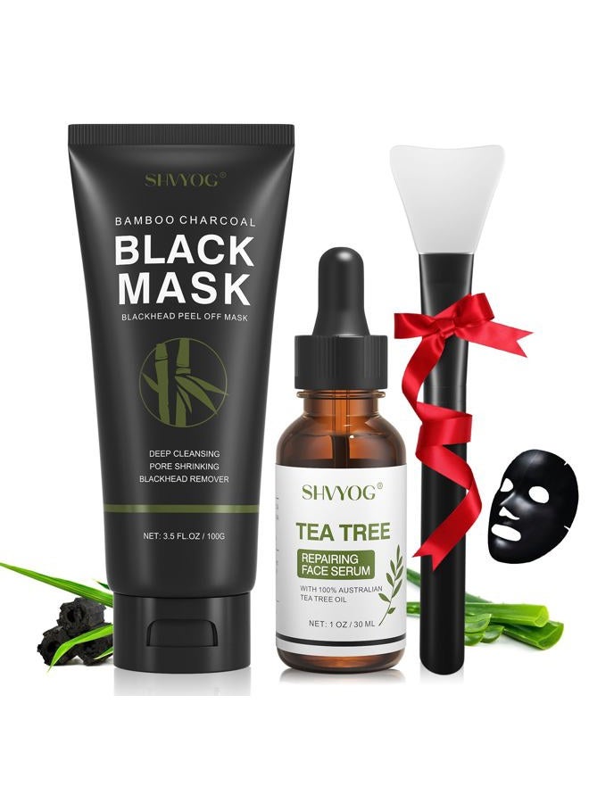 SHVYOG Blackhead Peel Off Face Mask, 3-in-1 Blackhead Remover Mask with Brush & Tea Tree Oil Serum, Charcoal Mask for Deep Cleansing Dirts, Pores, Skin Oil (100g+30ml) - Image 1