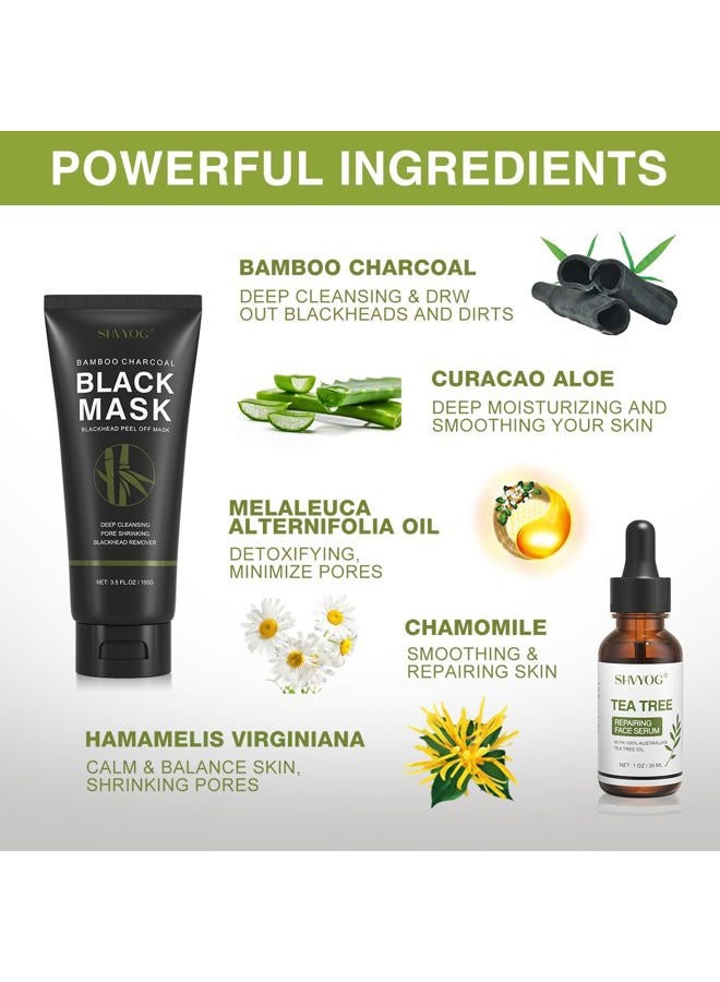 SHVYOG Blackhead Peel Off Face Mask, 3-in-1 Blackhead Remover Mask with Brush & Tea Tree Oil Serum, Charcoal Mask for Deep Cleansing Dirts, Pores, Skin Oil (100g+30ml) - Image 2