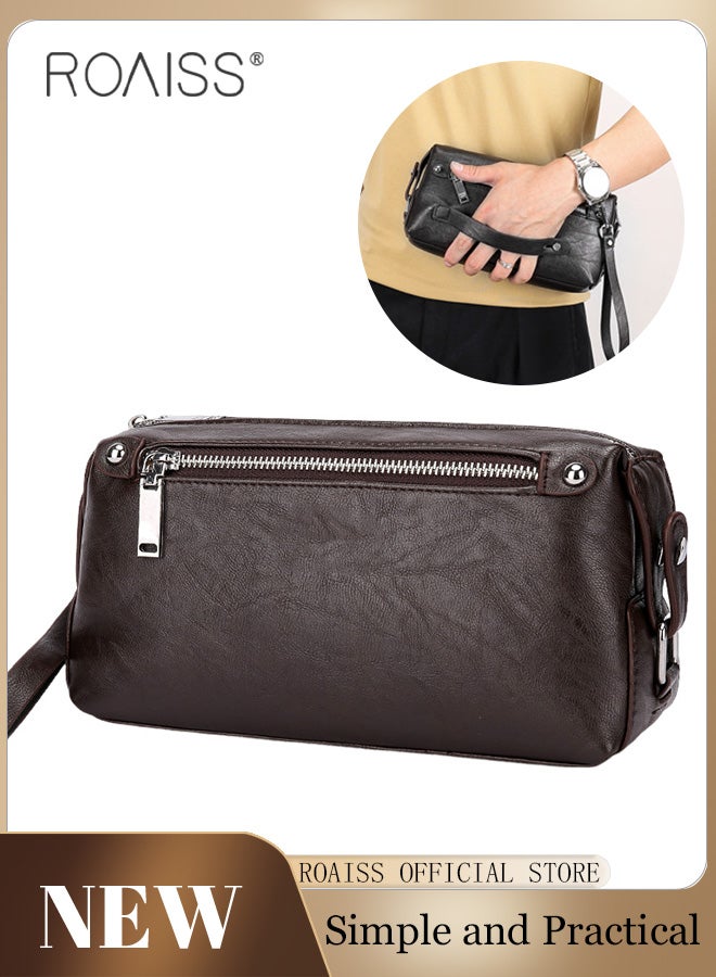 roaiss Men's Multifunctional Clutch Bag with Business Style Waterproof and Durable Material Large Capacity Wallet Card Holder Passport Holder Sunglasses Organizer Classic Solid Color Men Commuting Premium Handbag Brown 25*10*13cm - Image 1