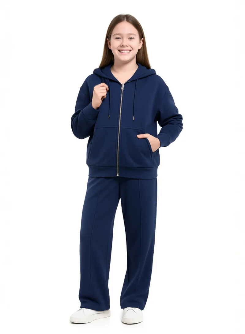 victor and jane Girls 2 Piece Set- Navy Zip-Up Hoodie &amp; Wide-Leg Trousers Set