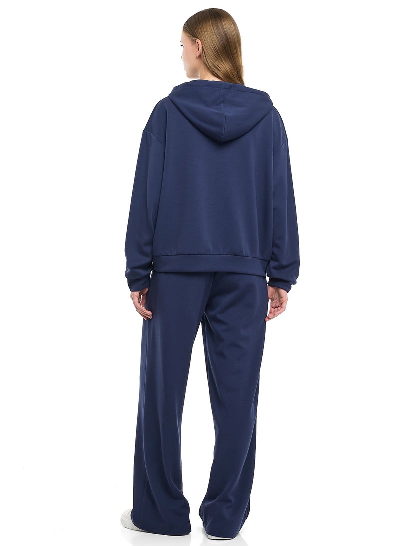 فكتور اند جين طقم بناتي قطعتين - سويت شيرت قصير بسحاب أزرق داكن وبنطلون واسع - Image 2