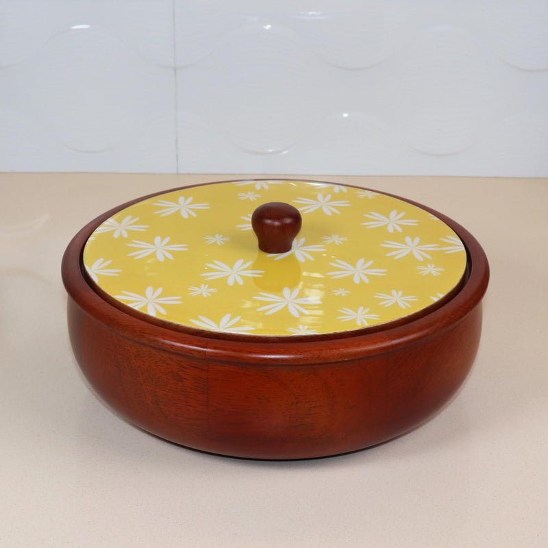 LoosebucketFloral Petals Wooden Roti Box with Lid Casserole for Chapati Hotpot for Kitchen Roti Dabba with Lid Casserole for Dining254 x 254 x 20cm White Yellow Walnut - Image 3