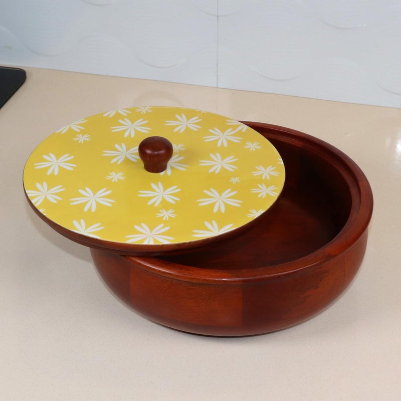 LoosebucketFloral Petals Wooden Roti Box with Lid Casserole for Chapati Hotpot for Kitchen Roti Dabba with Lid Casserole for Dining254 x 254 x 20cm White Yellow Walnut - Image 5