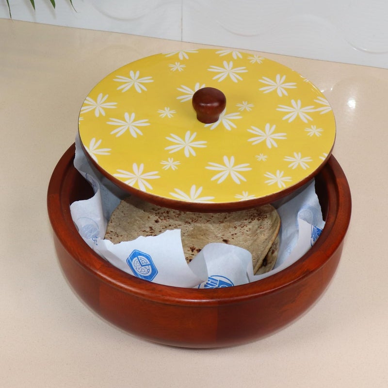 LoosebucketFloral Petals Wooden Roti Box with Lid Casserole for Chapati Hotpot for Kitchen Roti Dabba with Lid Casserole for Dining254 x 254 x 20cm White Yellow Walnut - Image 2