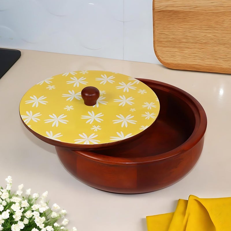 LoosebucketFloral Petals Wooden Roti Box with Lid Casserole for Chapati Hotpot for Kitchen Roti Dabba with Lid Casserole for Dining254 x 254 x 20cm White Yellow Walnut - Image 1