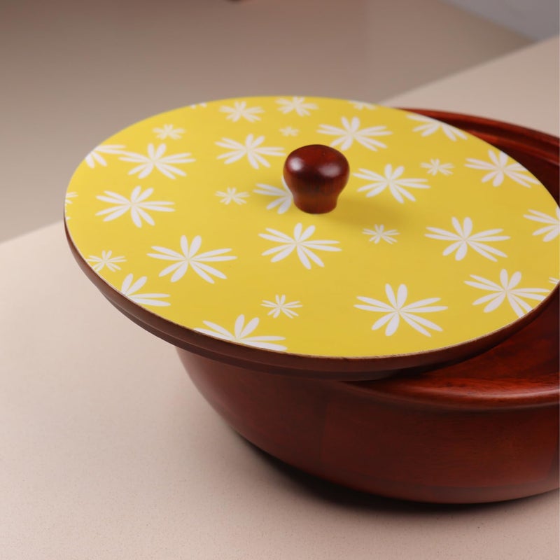 LoosebucketFloral Petals Wooden Roti Box with Lid Casserole for Chapati Hotpot for Kitchen Roti Dabba with Lid Casserole for Dining254 x 254 x 20cm White Yellow Walnut - Image 4