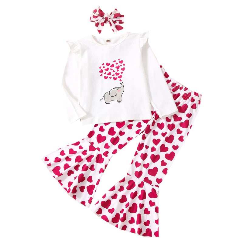Rtnnsbbfcm Toddler Baby Girl Valentine's Day Outfit Long Sleeve Elephant Heart T-Shirt Top Bell Bottom Pants Headband 3Pcs Set, White, 1-2T - Image 1