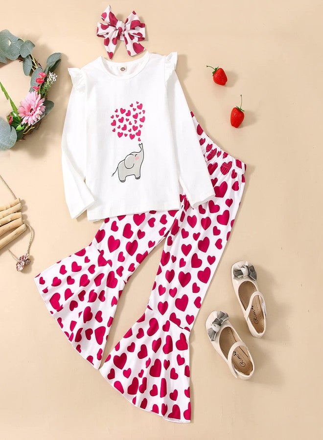 Rtnnsbbfcm Toddler Baby Girl Valentine's Day Outfit Long Sleeve Elephant Heart T-Shirt Top Bell Bottom Pants Headband 3Pcs Set, White, 1-2T - Image 2