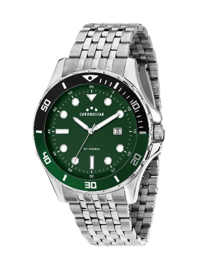 Chronostar Men's Green Round Analog Dial with Silver Stainless Steel Band Watch - 43mm - R3753318004 - Image 1