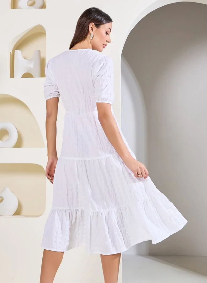 Styli White Ruffled Midi Dress