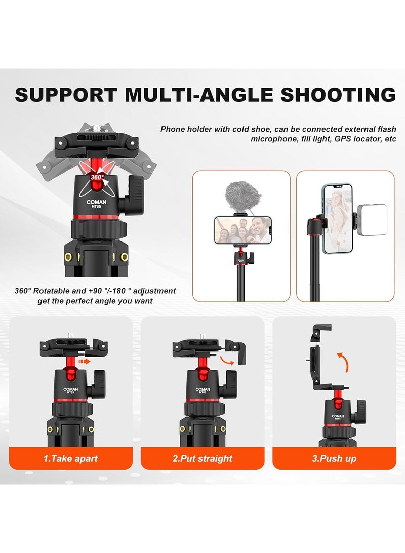 COMAN COMAN 74.8'' Extendable Phone Tripod, Camera Tripod Stand Portable Tall Tripod with 2 in 1 Phone Holder, 360° Ball Head Aluminum Cell Phone Tripod - Image 2