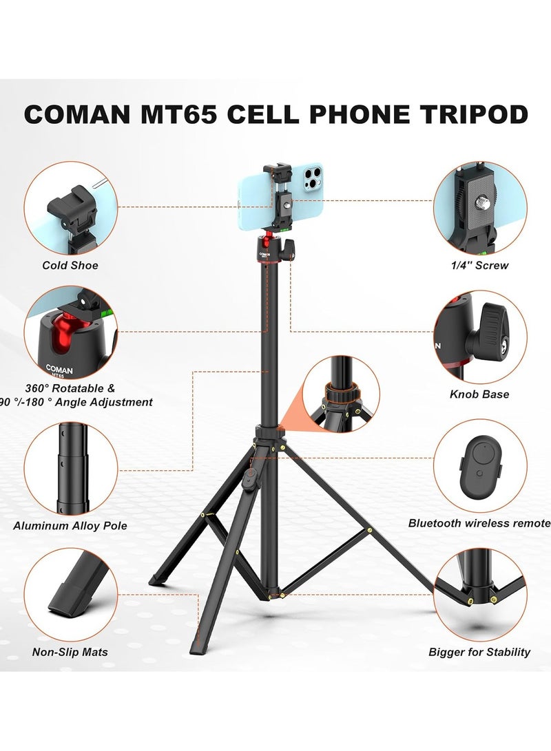 COMAN COMAN 74.8'' Extendable Phone Tripod, Camera Tripod Stand Portable Tall Tripod with 2 in 1 Phone Holder, 360° Ball Head Aluminum Cell Phone Tripod - Image 5