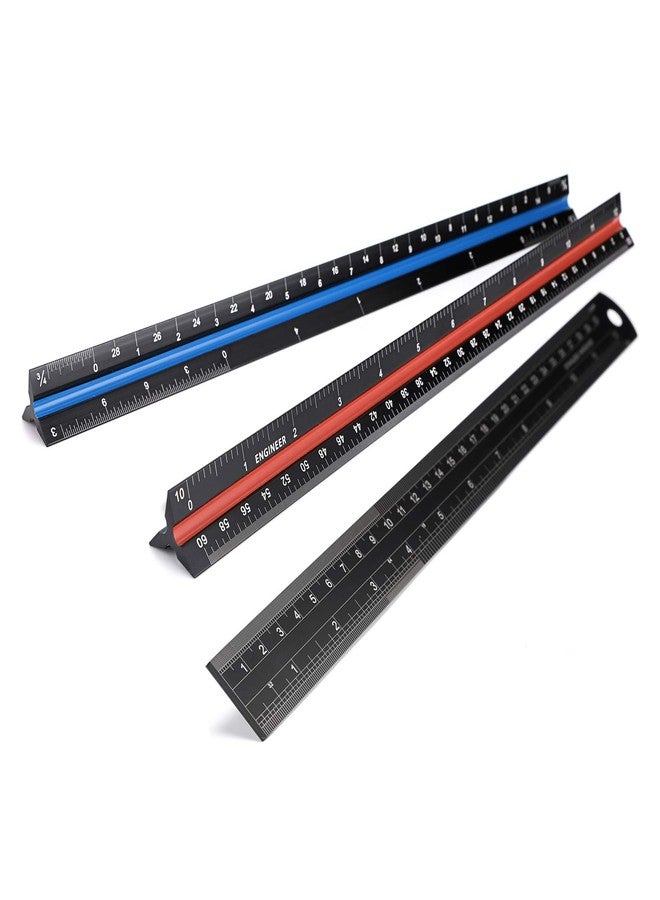 OwnMy 3 Pack 12 Inch Solid Aluminum Triangular Architect Scale Ruler Set, 3-Colors-Groove Architectural and Engineer Scale Metal Ruler Set, Clear Scales Drafting Rulers for Engineer Blueprint Project - Image 2