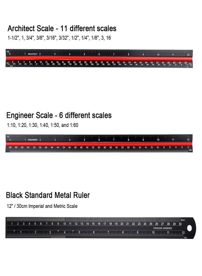 OwnMy 3 Pack 12 Inch Solid Aluminum Triangular Architect Scale Ruler Set, 3-Colors-Groove Architectural and Engineer Scale Metal Ruler Set, Clear Scales Drafting Rulers for Engineer Blueprint Project - Image 3