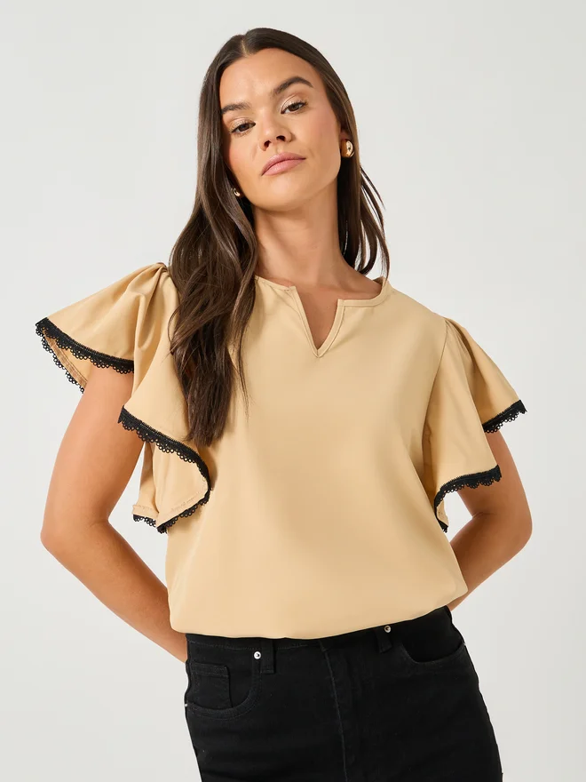 تايك تو Take Two Women Contrast Lace Trim Flounce Sleeves Blouse